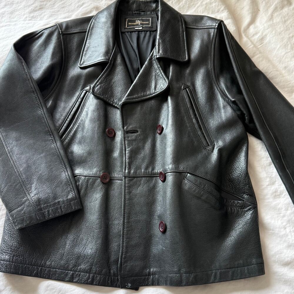 Vintage Brandon Thomas Black Leather Double Breasted Pea Coat